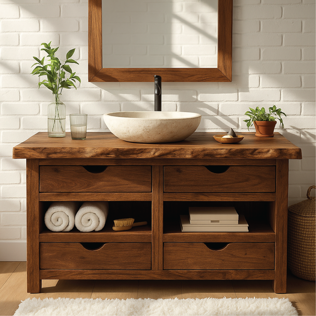 Handcrafted Solid Wood Bathroom Vanity with Natural Live Edge and Four Drawer Storage