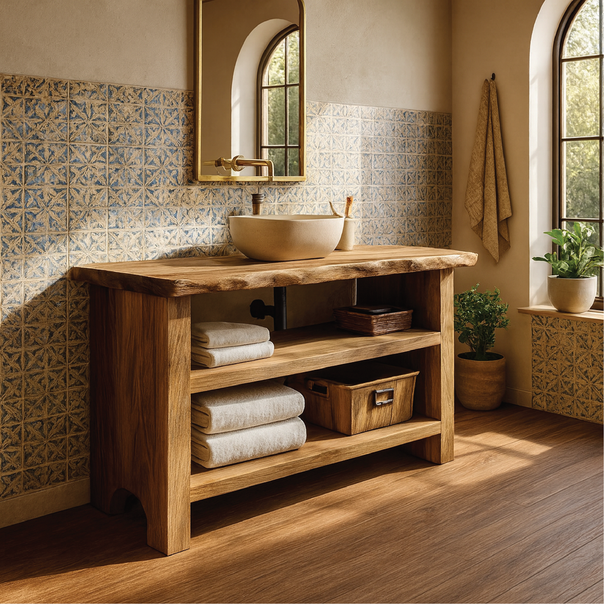 Handcrafted Solid Wood Bathroom Vanity with Live Edge Design and Rustic Open Shelf Storage