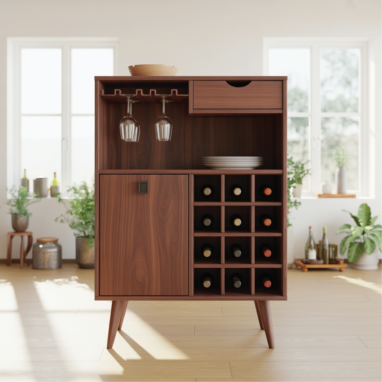 Handcrafted Solid Wood Dining Cabinet with Wine Rack, Glass Holder, Drawer and Storage Door