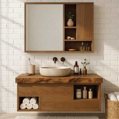 Handcrafted Solid Wood Floating Vanity with Integrated Storage and Matching Wall Cabinet