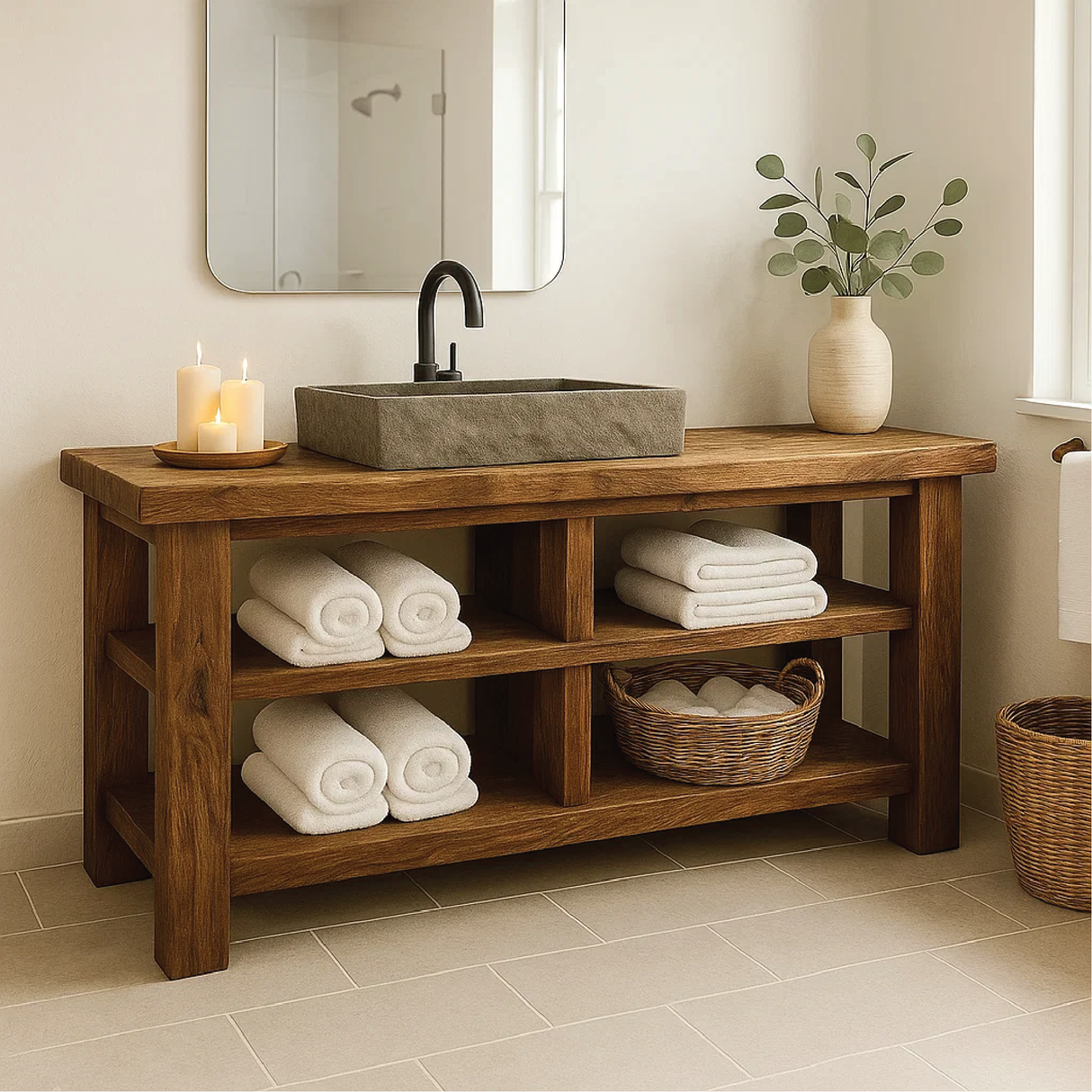 Handcrafted Solid Wood Bathroom Vanity with Open Shelving for Natural and Minimalist Interiors