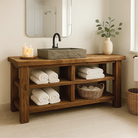 Handcrafted Solid Wood Bathroom Vanity with Open Shelving for Natural and Minimalist Interiors