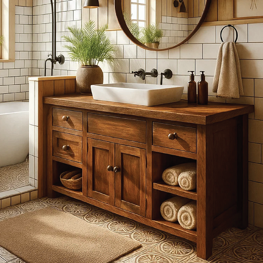 Handcrafted Solid Wood Bathroom Vanity with Drawers and Open Shelves in Warm Walnut Finish