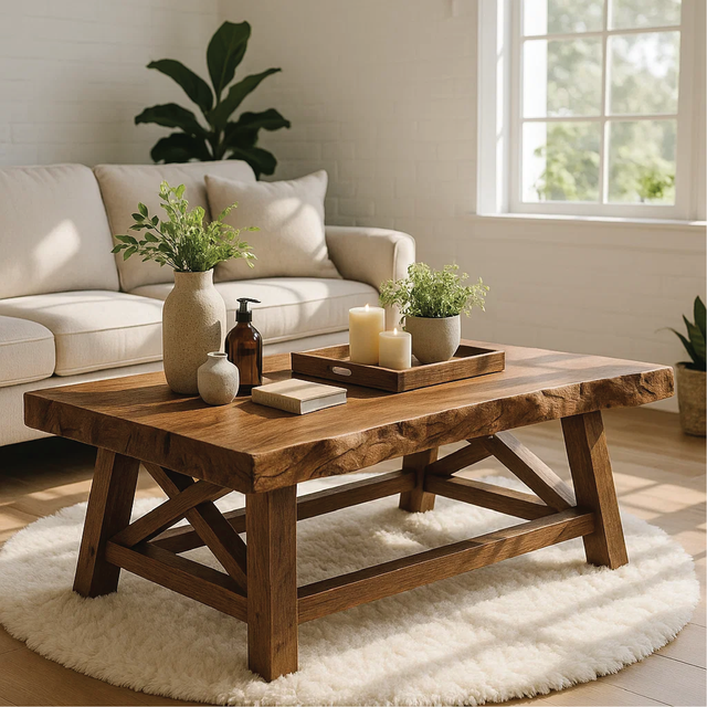 Handcrafted Solid Wood Coffee Table with Rustic Live Edge Top and Sturdy Cross-Leg Base