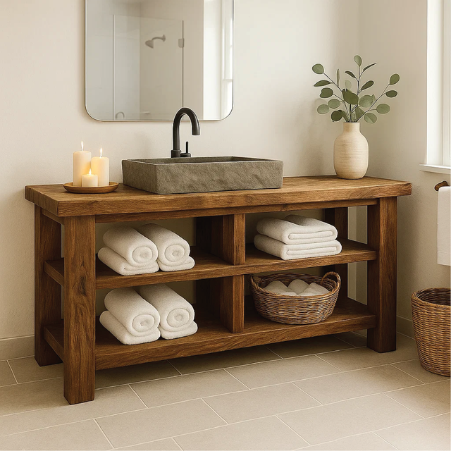 Handcrafted Solid Wood Bathroom Vanity with Open Shelving for Natural and Minimalist Interiors