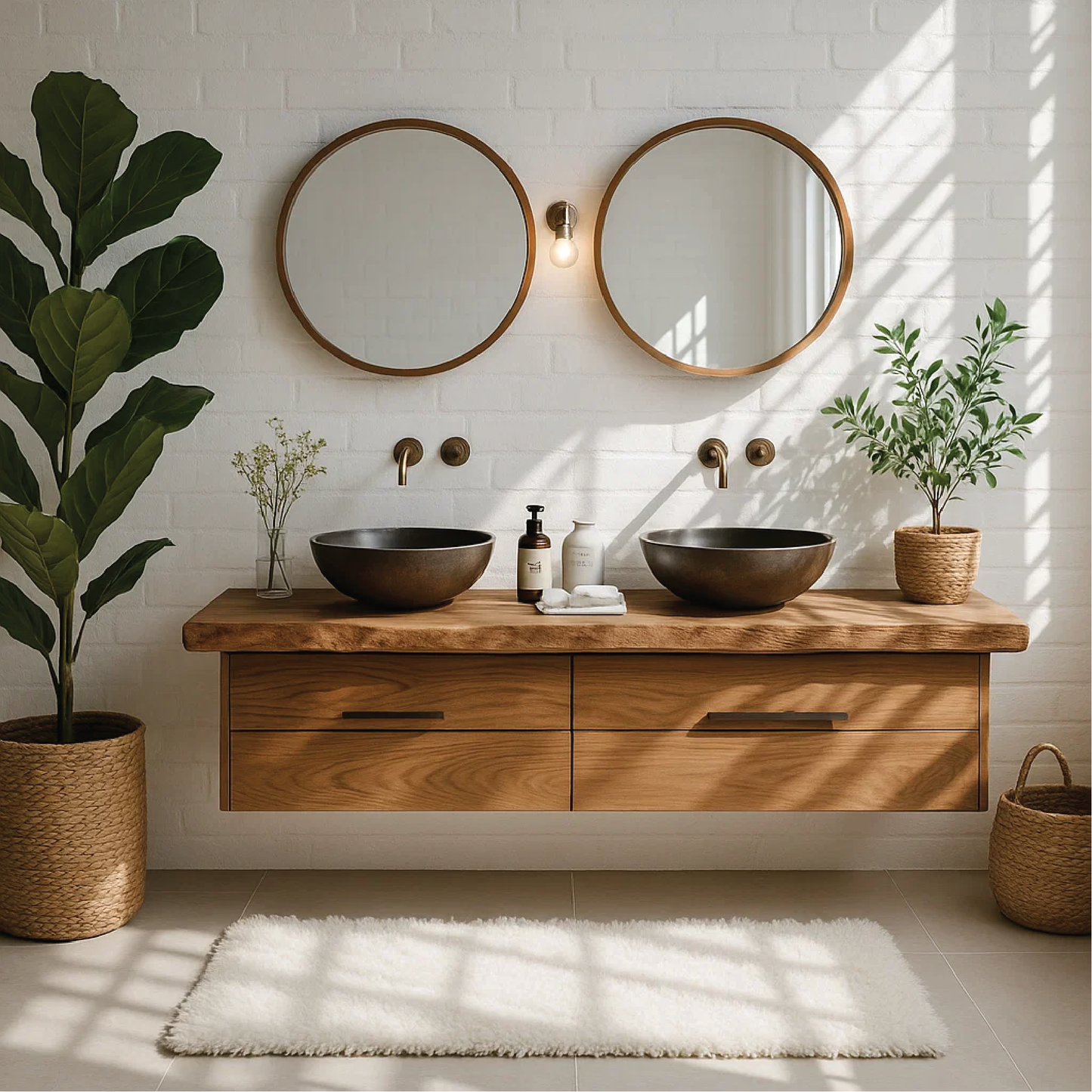 Handcrafted Solid Wood Double Floating Vanity – Live Edge Bathroom Counter