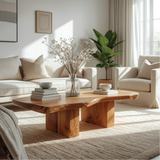 Handcrafted Solid Wood Coffee Table with Live Edge Design and Minimalist Block Base