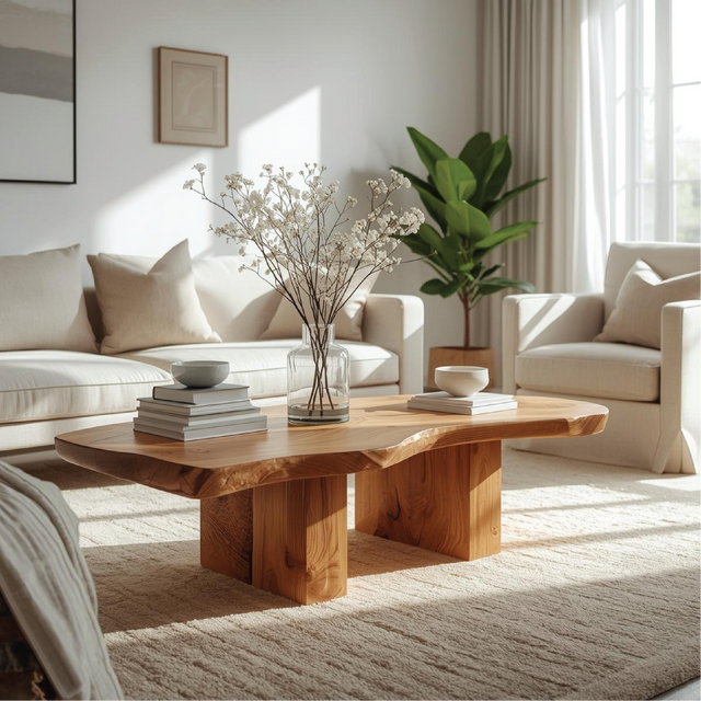 Handcrafted Solid Wood Coffee Table with Live Edge Design and Minimalist Block Base