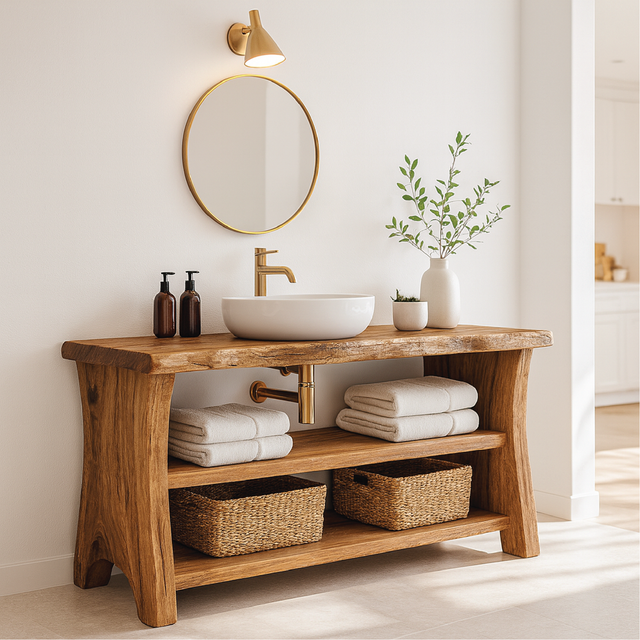 Handcrafted Solid Wood Bathroom Vanity with Live Edge Design and Open Shelf Bathroom Storage