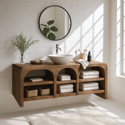 Handcrafted Solid Wood Floating Vanity with Arched Open Shelves and Modern Minimal Design