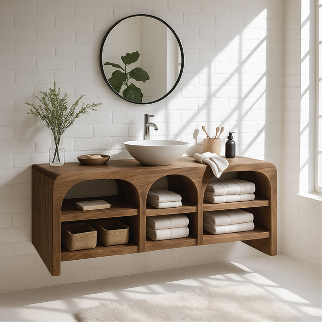 Handcrafted Solid Wood Floating Vanity with Arched Open Shelves and Modern Minimal Design