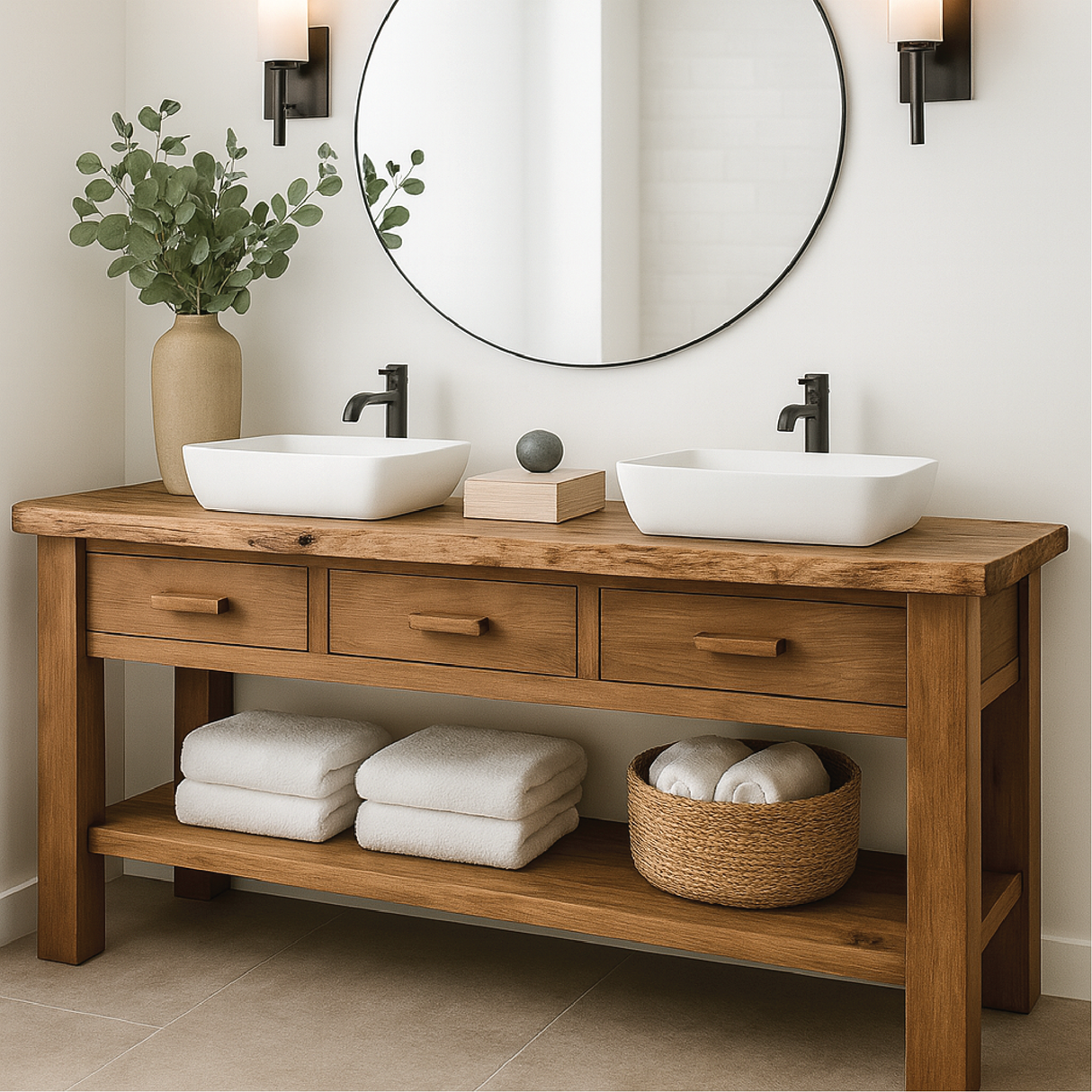 Handcrafted Solid Wood Double Bathroom Vanity with Natural Finish and Modern Minimalist Design