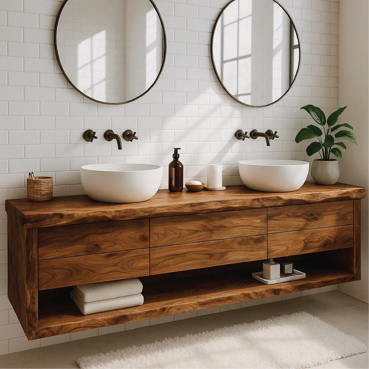Handcrafted Solid Wood Floating Vanity with Live Edge and Double Drawer Storage Design