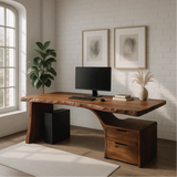 Handcrafted Solid Wood Work Desk – Live Edge Office Table with Organic Curved Base and Drawers
