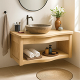 Handcrafted Solid Wood Floating Vanity with Curved Edge Design and Open Shelf Bathroom Storage