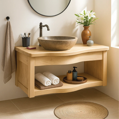 Handcrafted Solid Wood Floating Vanity with Curved Edge Design and Open Shelf Bathroom Storage