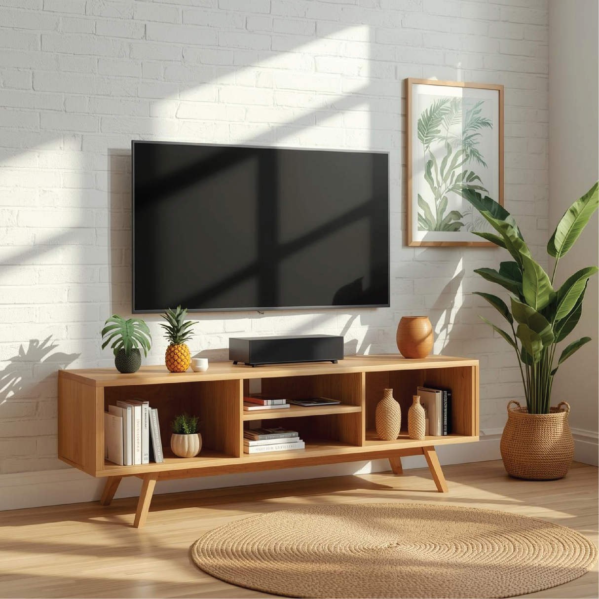 Handcrafted Solid Wood TV Stand with Open Shelving and Mid-Century Modern Minimalist Design