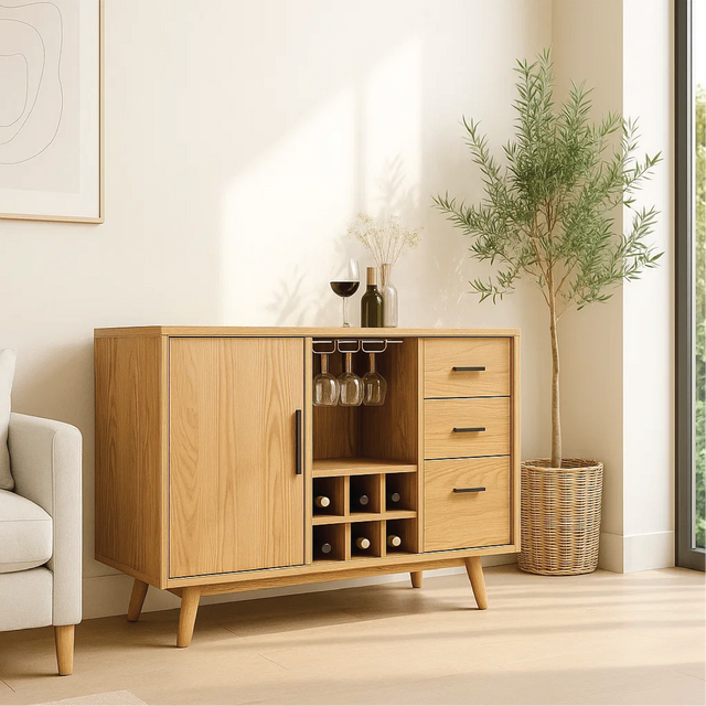 Solid Wood Wine Storage Cabinet with Bottle Rack, Glass Holders and Drawers for Modern Homes