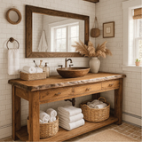 Rustic Handcrafted Solid Wood Bathroom Vanity with Live Edge Top and Natural Farmhouse Style
