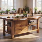 Handcrafted Solid Wood Kitchen Island with Drawers, Open Shelves, and Natural Live-Edge Top