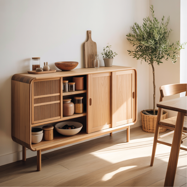 Solid Wood Console Table with Sliding Doors – Handmade Natural Finish Storage Cabinet