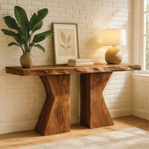 Handcrafted Solid Wood Console Table with Sculptural Base and Natural Live Edge Design