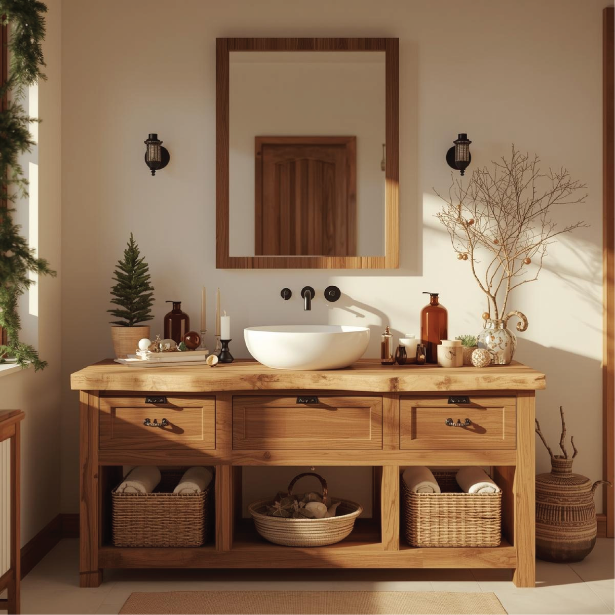 Handcrafted Solid Wood Bathroom Vanity with Live Edge Countertop and Natural Rustic Finish