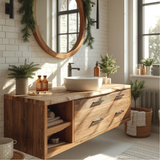 Handcrafted Solid Wood Floating Bathroom Vanity with Drawers and Natural Live Edge Countertop