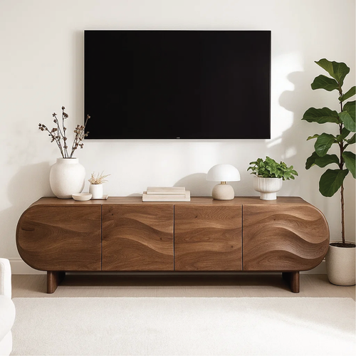 Handcrafted Solid Wood TV Stand – Modern Wavy Front Media Console with Rounded Design