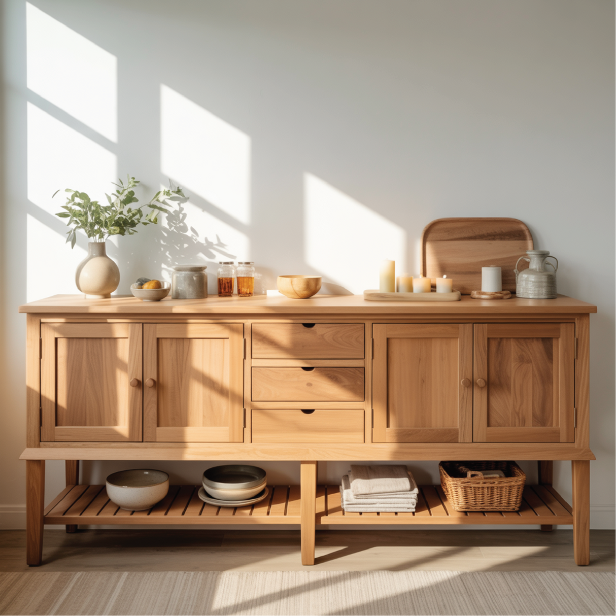 Handcrafted Solid Wood Dining Storage Sideboard with Open Lower Shelf and Multi-Drawer Design