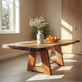 Handcrafted Live Edge Solid Wood Dining Table – Natural Slab Kitchen Table with Modern Base