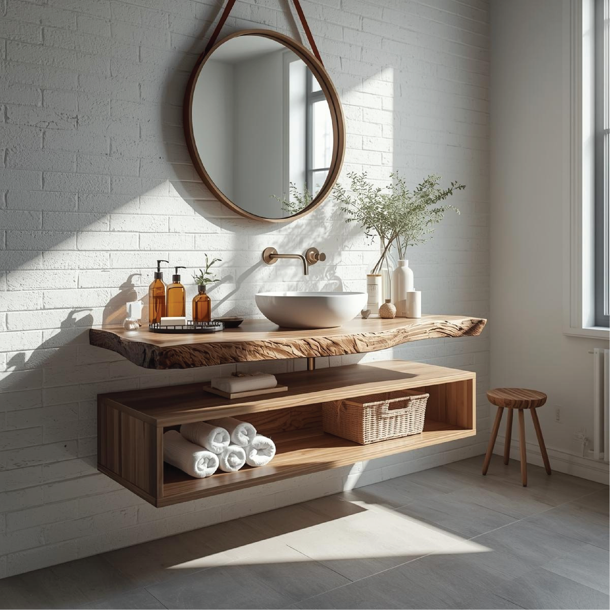 Handcrafted Solid Wood Floating Vanity with Natural Live Edge Top and Modern Minimalist Style
