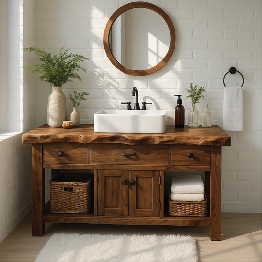 Handcrafted Solid Wood Vanity with Live Edge Top and Rustic Cabinet Storage Design