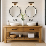 Handcrafted Double Solid Wood Bathroom Vanity with Drawers and Slatted Shelf for Modern Homes