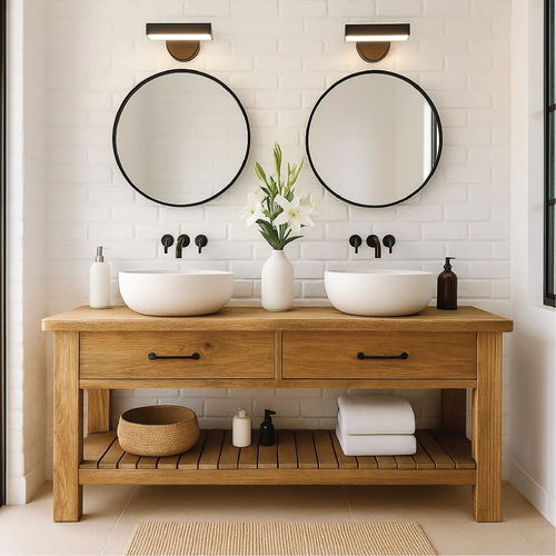 Handcrafted Double Solid Wood Bathroom Vanity with Drawers and Slatted Shelf for Modern Homes