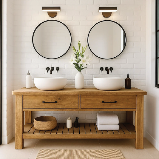 Handcrafted Double Solid Wood Bathroom Vanity with Drawers and Slatted Shelf for Modern Homes