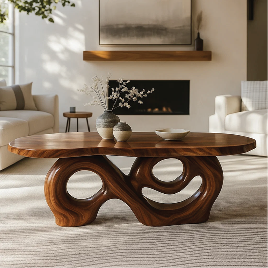 Handcrafted Solid Wood Coffee Table with Artistic Curved Base and Organic Sculptural Design