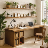 Handcrafted Solid Wood Work Desk – Long Home Office Table with Bookshelf and Natural Finish