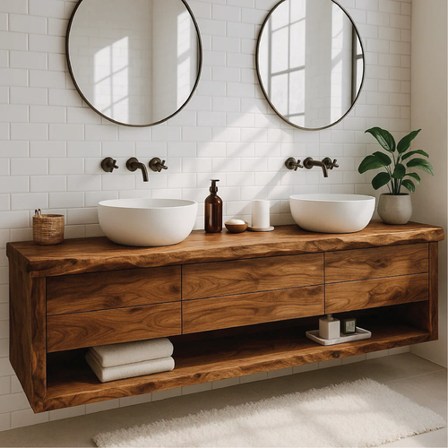 Handcrafted Solid Wood Floating Vanity with Live Edge and Double Drawer Storage Design