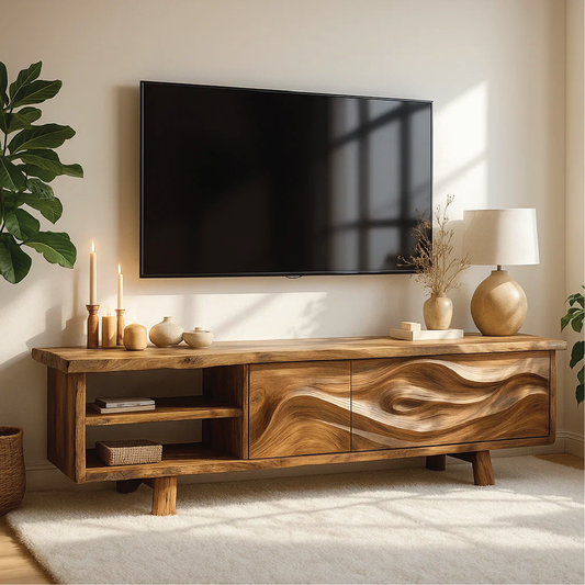 Handcrafted Solid Wood TV Stand with Wave Carved Doors and Natural Finish for Modern Living Rooms