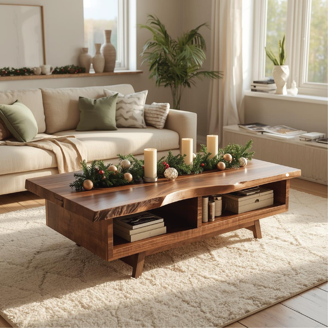 Handcrafted Solid Wood Coffee Table with Live Edge Top and Open Storage for Cozy Living Rooms