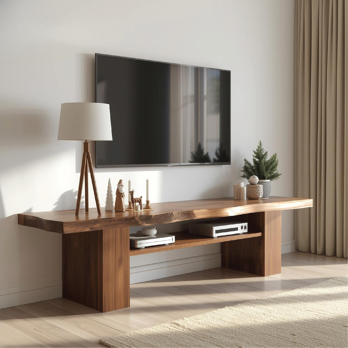 Handcrafted Solid Wood Live Edge TV Stand with Natural Finish for Modern and Rustic Interiors