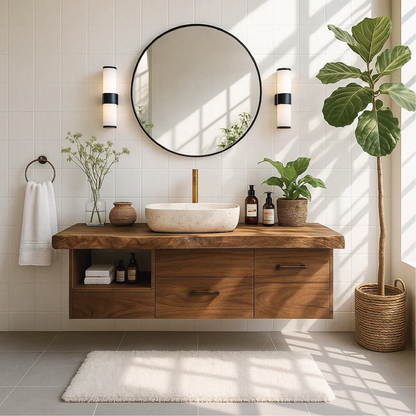 Handcrafted Solid Wood Floating Vanity with Live Edge Countertop and Modern Drawer Storage