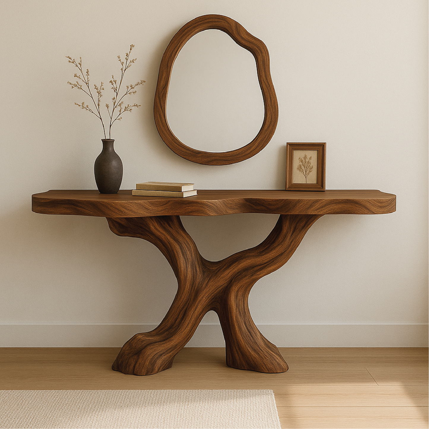 Handcrafted Solid Wood Console Table with Organic Flowing Base and Smooth Natural Finish