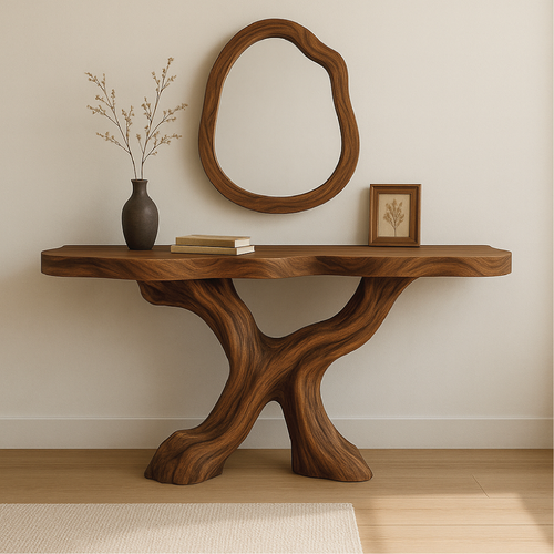Handcrafted Solid Wood Console Table with Organic Flowing Base and Smooth Natural Finish