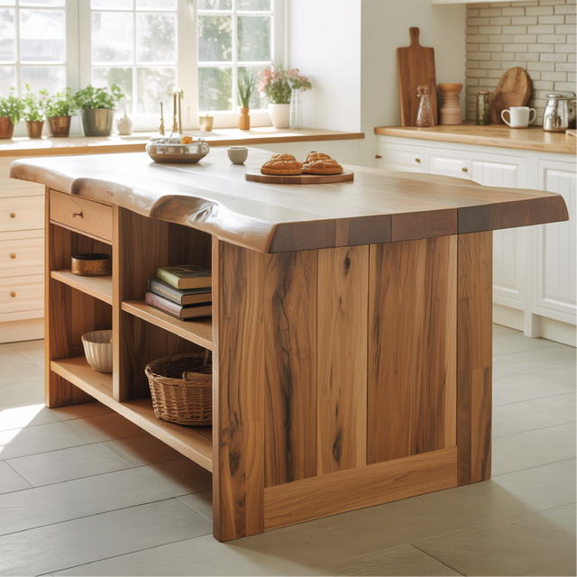 Handcrafted Solid Wood Kitchen Island with Live-Edge Top and Open Storage Shelves