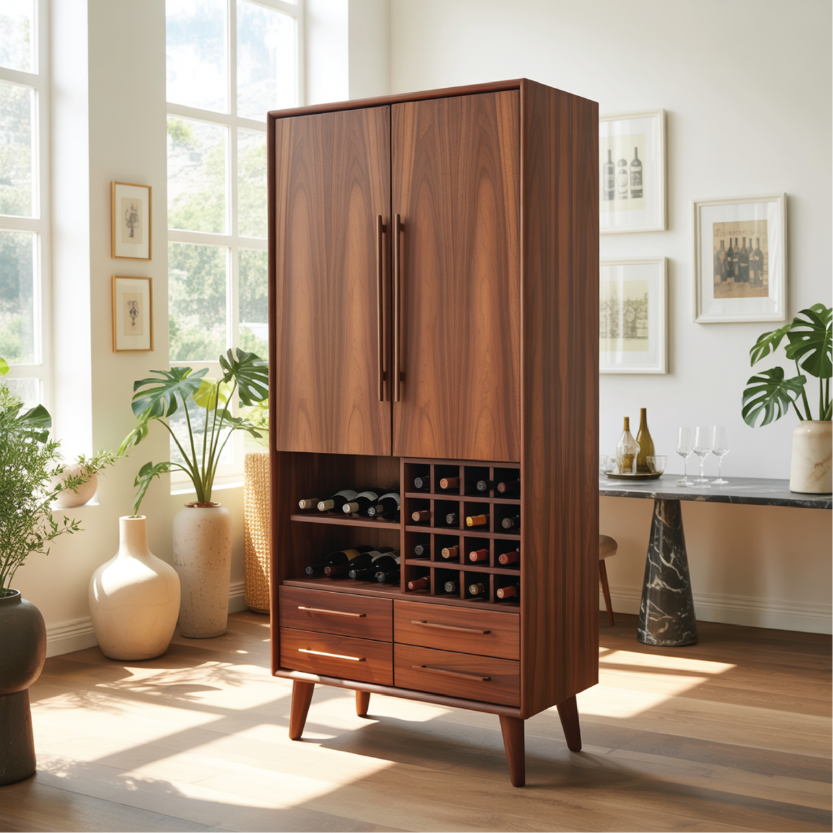 Handcrafted Solid Wood Dining Cabinet with Wine Rack, Tall Double Doors and Storage Drawers