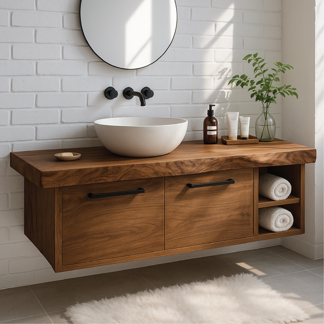 Handcrafted Solid Wood Floating Vanity with Live Edge Top and Double Drawer Storage