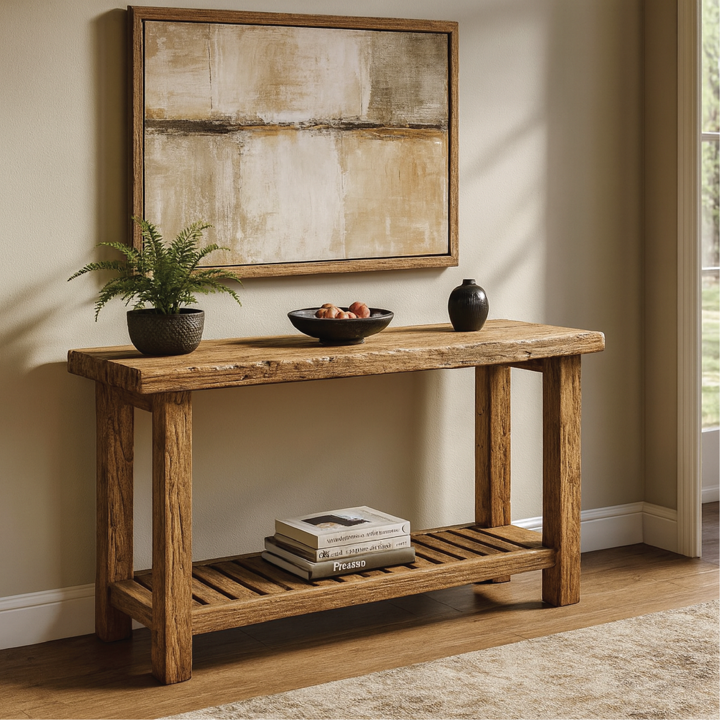 Handcrafted Solid Wood Console Table with Rustic Slatted Shelf for Entryway or Living Room