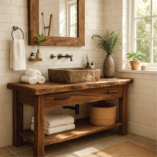 Handcrafted Solid Wood Bathroom Vanity with Rustic Live Edge Design and Modern Farmhouse Charm